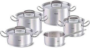 Fissler original-profi collection / Edelstahl-Topfset, 5-teilig, Kochtopf-Set, Töpfe mit Deckel, Induktion, alle Herdarten (3 Kochtöpfe, 1 Bratentopf, 1 Stielkasserolle-deckellos)