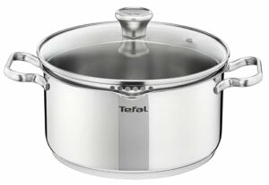 Tefal Duetto Kochtopf A70546 | 24 cm | Induktionsgeeignet | Einfache Reinigung | Messskala | Glasdeckel zum Abgießen | Edelstahl