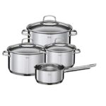 RÖSLE ELEGANCE Topfset 4-tlg., 3 hochwertige Töpfe und 1 Stielkasserolle im Set, Edelstahl 18/10, mit Glasdeckel und Innenskalierung, Induktions- und Spülmaschineneignung