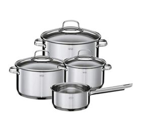 RÖSLE ELEGANCE Topfset 4-tlg., 3 hochwertige Töpfe und 1 Stielkasserolle im Set, Edelstahl 18/10, mit Glasdeckel und Innenskalierung, Induktions- und Spülmaschineneignung