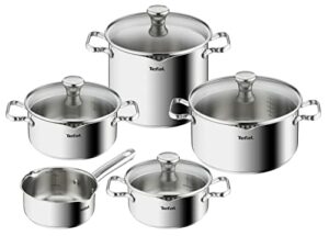 Tefal A705S9 Duetto 9-teiliges Topfset | induktionsgeeignet | robuster und hochwertiger Edelstahl | umweltfreundlich | Siebdeckel | Backofengeeignet bis zu 260°C (ohne Deckel) | Edelstahl