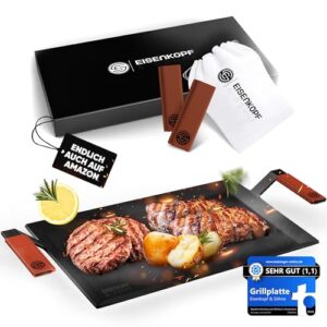 EISENKOPF & SHNE Grillplatte Carbonstahl 4mm dick | Plancha, Teppanyaki [44 x 26 cm] [MIT LEDERGRIFFEN] ovenready, fr Induktion, Ceran, Feuer & Gas (61 x 26,5 cm XXL)
