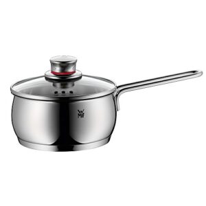 WMF Quality One Stielkasserolle 16cm, Glasdeckel mit Dampföffnung, Kochtopf klein 1,7l, Milchtopf Induktion, Cromargan Edelstahl poliert, unbeschichtet