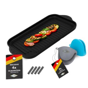 Aluminiumguss Grillplatte komplett gerippt - 37,5x22,8x2,5cm - f&uuml;r Induktion & alle g&auml;ngigen Herdplatten - Keramikoberfl&auml;che - Antihaftversiegelung - Made in Germany - PFOA Frei klein voll gerippt