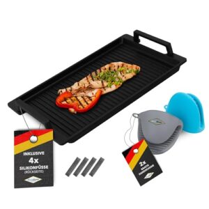 MaxxGoods - Aluminiumguss Grillplatte mit Seitengriffe - Gerippt - 41x24x2,5cm - f&uuml;r Induktion & alle g&auml;ngigen Herdplatten - Keramikoberfl&auml;che - Antihaftversiegelung - Made in Germany - PFOA Frei