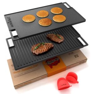 NutriChef Grillplatte Gusseisen – 50,7x25,7cm | Grillplatte für Gasgrill & Induktion | Teppanyaki & BBQ geeignet | Antihaftbeschichtet | Für Ofen, Elektroherd & Outdoor 45.8 x 25.5 x 1.6 cm Schwarz
